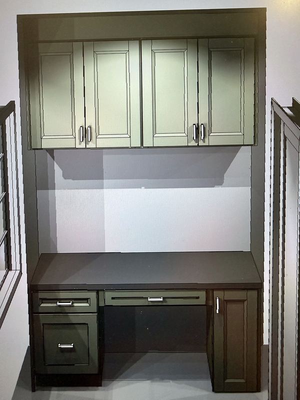 Built-in desk with green upper cabinets