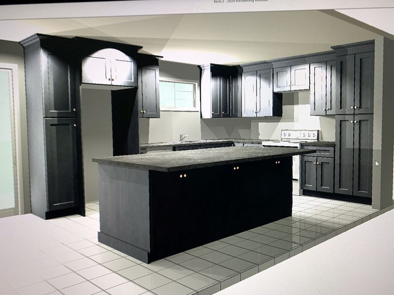 3D rendering of a two-tone kitchen with island
