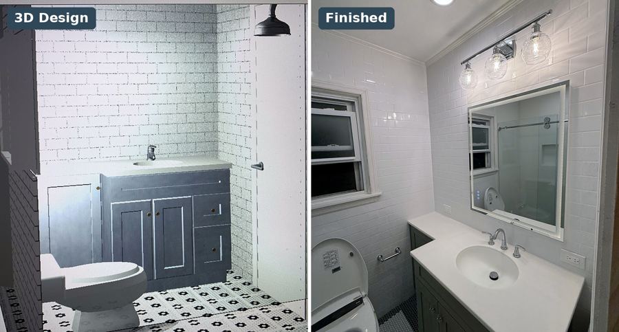 West Hempstead · Subway tile bath with hex mosaic floor: 3D design next to the finished room