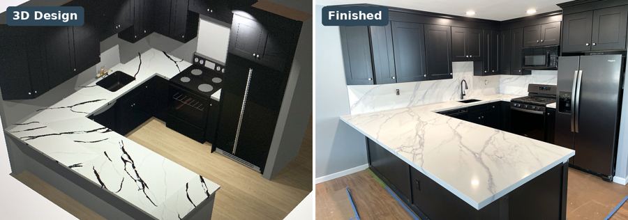East Setauket · Black shaker kitchen with Calacatta-look quartz: 3D design next to the finished room