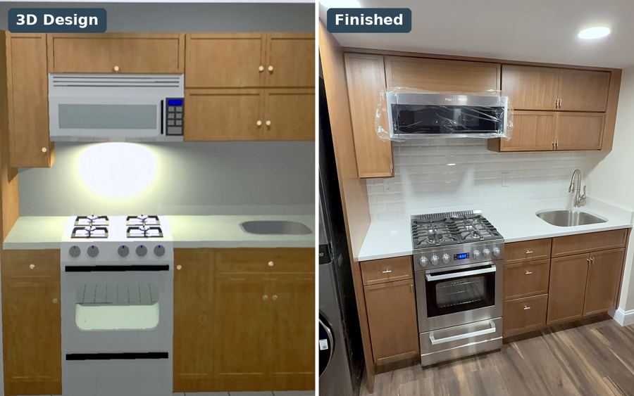 Massapequa Park · Compact wood-tone kitchen: 3D design next to the finished room