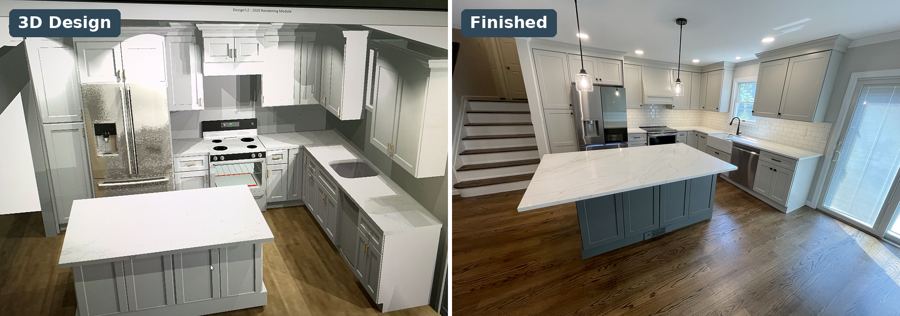 Port Jefferson · Same kitchen, island and range wall: 3D design next to the finished room