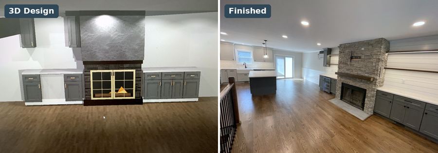 Port Jefferson · Fireplace wall with flanking cabinets: 3D design next to the finished room