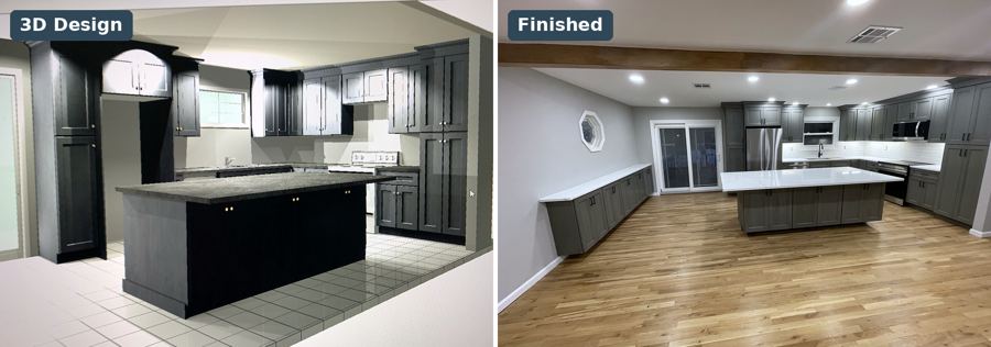 Port Jefferson Station · Charcoal kitchen with long island: 3D design next to the finished room