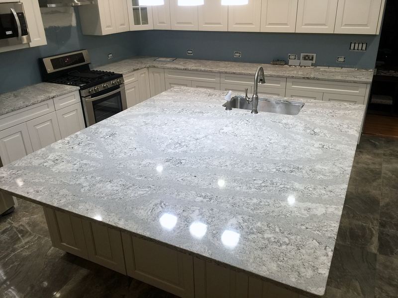 Kitchen island with white granite countertop